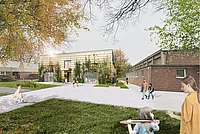 Für helle Köpfchen: Unser Bauunternehmen realisiert in Krefeld einen schlüsselfertigen Schulbau – inklusive barrierefreiem Mensa-Neubau mit sonniger Fassade. Schulhof mit mehreren Kindern und einem modernen, begrünten Gebäude im Hintergrund