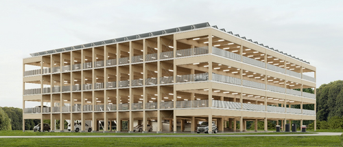 komplettes Holz-Parkhaus in Jülich, Erstentwurf von fischerarchitekten Partnerschaft mbB, Aachen Mehrstöckiges Parkhaus aus Holz mit offenem Fassadendesign, umgeben von Wiesen und Bäumen.